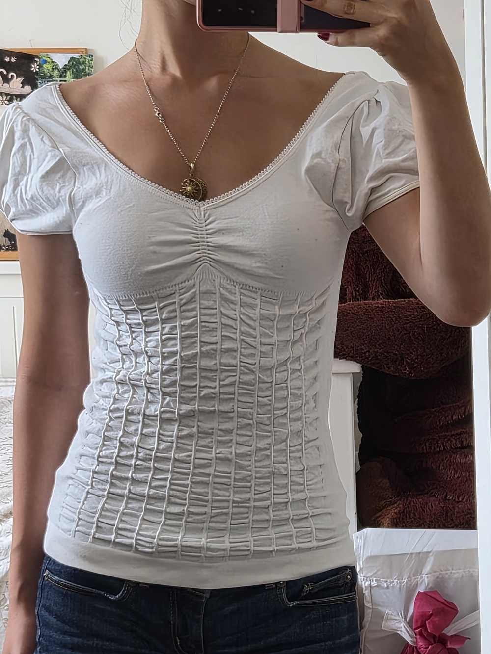 White Ruched Puff Sleeve Top